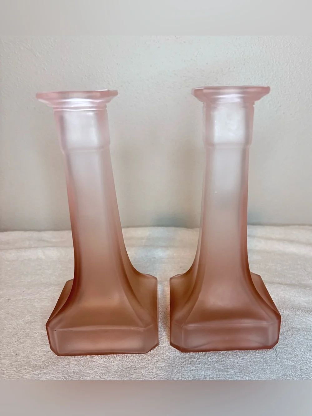 Vintage TAITÙ Italy TTC1 Pink Frosted Glass Candlesticks Pair